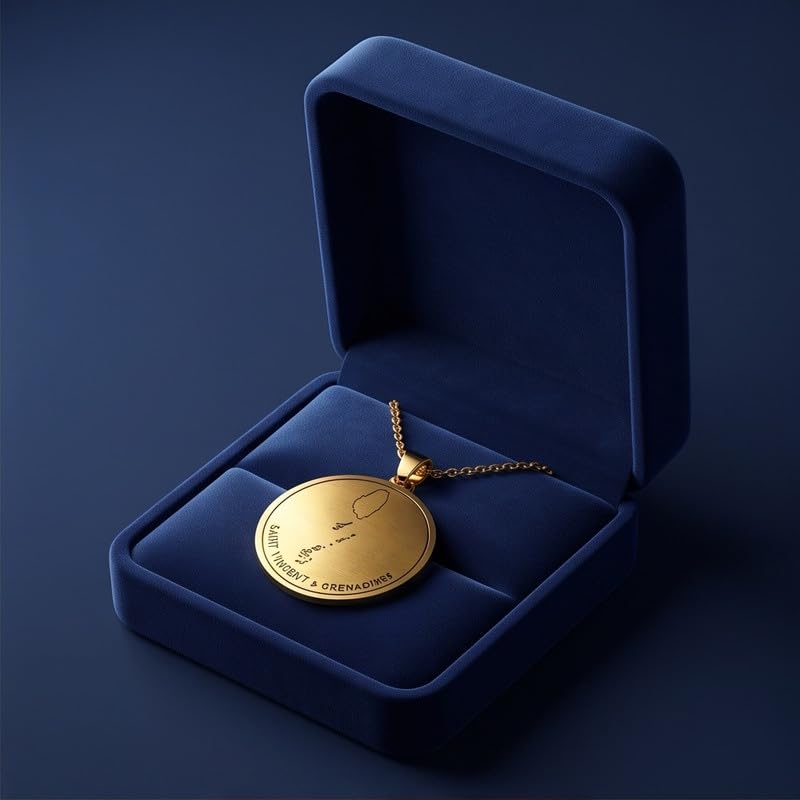 LKBEADS 925 Sterling Silver Saint Vincent & Grenadines Map Pendant Necklace for Women Men Gold Plated 30mm Round Engraved Outline with 18 Inch Cable Chain |LKN_MAP_01027