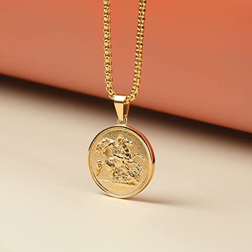 St. George Dragon Slayer Pendant with Solid Chain Stainless Steel Gold Sovereign Coin Necklace for Men/Women 60cm
