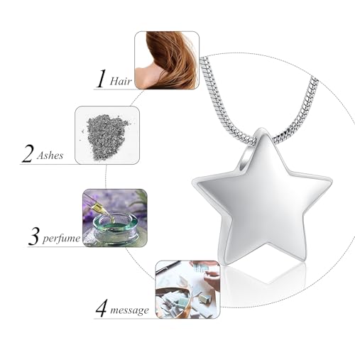 Small Star Charm Cremation Urn Pendant Ashes Memorial Necklace for Woman Free Filling Kits Include Silver