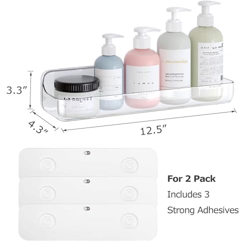 UDD Acrylic Clear Shower Caddy Adhesive Shelf, 2pc Plastic Shower Organizer with Self Adhesive Tape, No Drilling Wall Mount Shower Shelves for Bathroom Kitchen, Transparent 2Pack