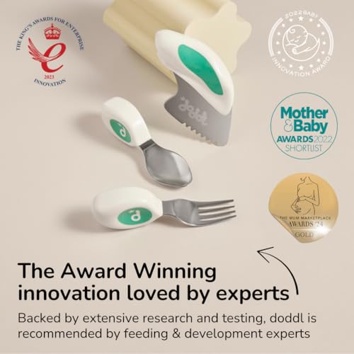 doddl Toddler Utensils, Ergonomic Fork Spoon and Knife Set for Self Feeding, Stainless Steel Silverware for 1-3 Year Olds, BPA Free, Dishwasher Safe (Aqua) Aqua