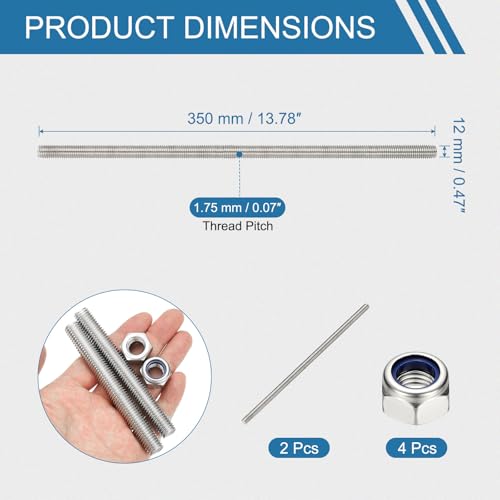PATIKIL 2 Pcs Fully Threaded Rod, M12 x 350mm 304 Stainless Steel Right Hand Long Thread Bar Studs with Nuts for Pipes Clamps Hangers U-Bolts