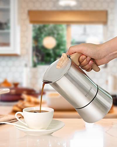 Sivaphe Stovetop Espresso Maker Stainless Steel 9 Cups, Induction-Capable Mocha Pot 450ml, Coffee Percolator with Replacement Silicone Gasket Steel Filter and Instructions (1 Cup=50ml) 9 CUP stainless