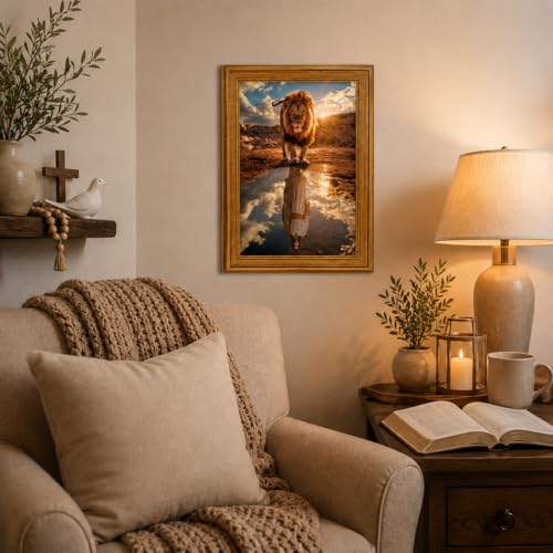 Lion of Judah Jesus Wall Art, Gold Framed Christian Decor, 12x16 inch 16"L x 12"W