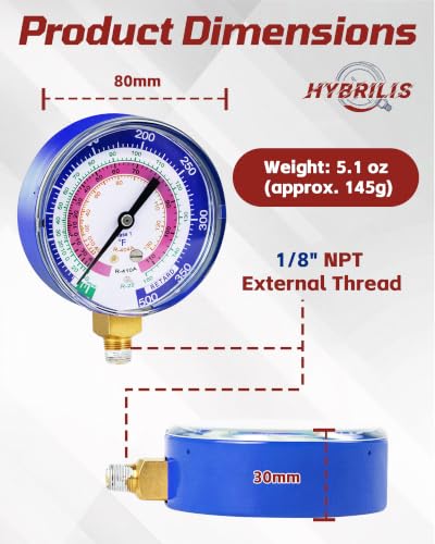 Hybrilis 49138 manifold gauge with 3-1/8-inch HVAC pressure gauges for R-22, R-404A, and R-410A
