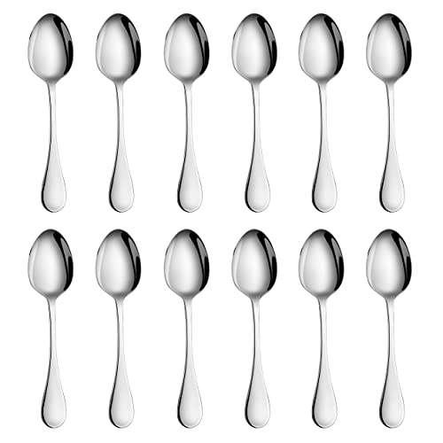 Set of 12 Artaste Rain dinner soup spoons in silver, 7.5 inches long, with a sleek, modern design for everyday use.