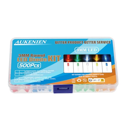 AUKENIEN Pack of 500 3 mm LED Diodes Light Diode Assortment Kit Round Head 2 Pin LED Light Diffuse Diodes Set 5 Colours Red Blue Yellow Green White (100 Pieces Each Colour) 3MM LED Dioden - 5 Farben