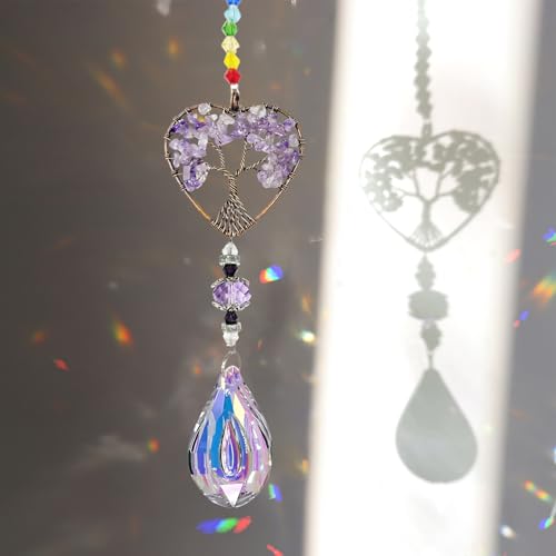 Amethyst Sun Catchers for Windows, Tree of Life Natural Chakra Healing Crystal Stone Spiritual Gifts for Adult Women, Novelty Natural Quartz Gemstone Pendant Rainbow Maker Suncatcher for Ladies Girls Amethyst