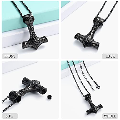 shajwo Mjolnir Thors Hammer Urn Necklace for Ashes for Men Celtic Nordic Viking Cremation Jewelry for Women Keepsake Memorial Ashes Pendant Thor Hammer-Black