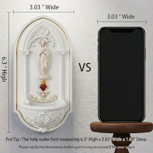 6.3” Holy Water Font - Washable Resin Holy Water Holder for Home Entrance, Handcrafted Wall Mounted Holy Water Table Font for Catholic Religious Gift