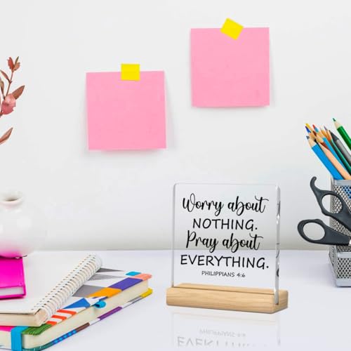 Christian Desk Decoration, Gifts for Christian Women, Spiritual Quotes Bible Verse Decor,Inspirational Prayer Decoration, Acrylic Sign With Wooden Stand for Home Farmhouse Office 4 x 4 Inches Philippians 4:6