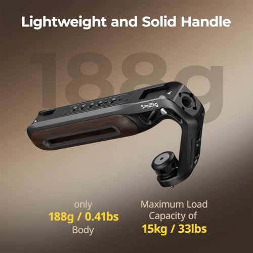 SmallRig Wooden Top Handle with Retractable 1/4''-20 and 3/8''-16 Locating Screw for ARRI, Max Load 15kg / 33.1lb for Universal Camera Cages and Rigs, 2 Cold Shoe Adapters to Mount Accessories- 5252