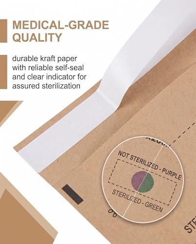 Kraft Paper Sterilisation Bags 60 Pieces | Set: 75 x 150, 100 x 200, 130 x 200 mm | Self-Sealing, Disposable | For Hot Air & Steam | Dental, Laboratory, Medical Hygiene