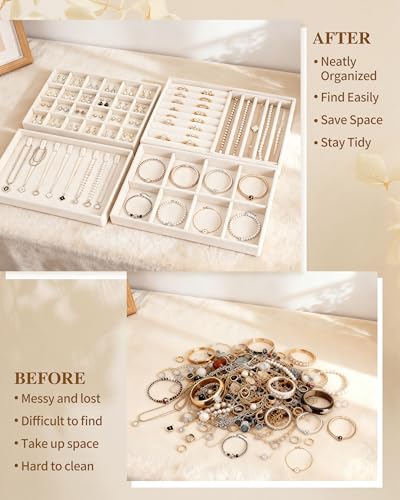 Velvet Jewelry Drawer Organizer Trays Set of 4, Beige 4 Layers