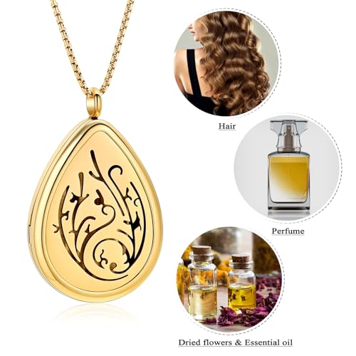 Tree of Life - Stainless Steel Teardrop Aromatherapy Essential Oil Diffuser Necklace Locket Necklace Pendant (Gold) Gold
