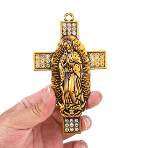 Gorgeoos 2 Pack Our Lady of Guadalupe Cross Wall Decor, Gold Plated Rhinestone Religious Wall Hanging Ancient Gold