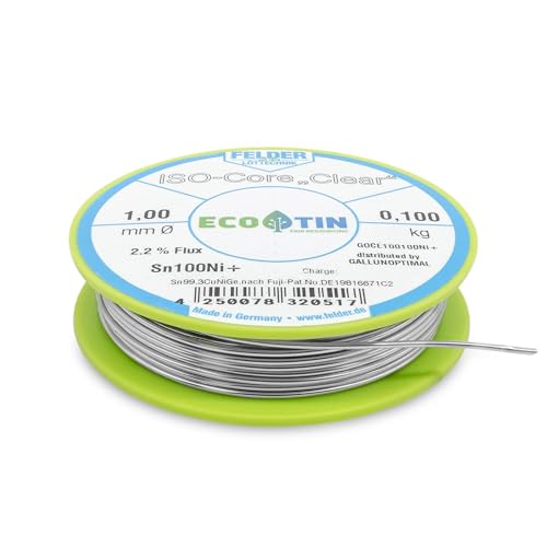 by Felder Soldering Wire Sn100Ni+ for General Electronic Applications, 1.0 mm, 100 g Spool, Lead-Free with 2.2% Flux Clear, REL1, for Electronics, Electrical Engineering and Printed Circuit Boards 100g Spule/1,0mm Durchmesser