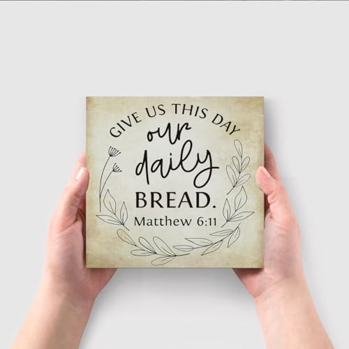 Inspirational Bible Verse Give Us This Day Our Daily Bread Wooden Box Sign Scripture Desk Decor Rustic Scripture Wood Block Plaque Box Sign for Home Office Shelf Table Decoration Matthew 6:11