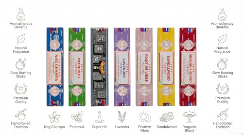 Satya Incense Gift Set Nag Champa, Super hit, Dragon's Blood, Sandalwood, Patchouli, Lavender, Positive Vibes, 15 g Scented
