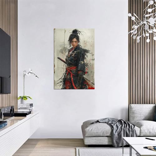 Japanese Female Samurai Wall Art Woman Fight Painting Canvas Prints Warrior Figure Pictures Bushido Posters Japanese Culture Theme Artwork for Bedroom Living Room Decor (18''W x 24''H) 18"L x 24"W Gray Black and Red