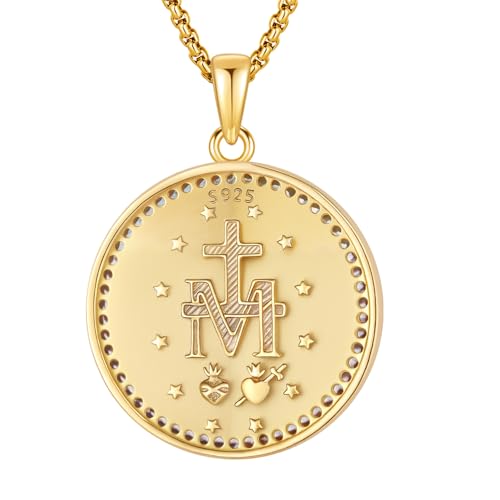 Virgin Mary Necklace Medal for Women, 925 Sterling Silver Saint Mary Mother 18K Gold Plated Catholic Medal Pendant Faith and Divine Amulet Religious Jewelry Gifts Gold Plated St Mary