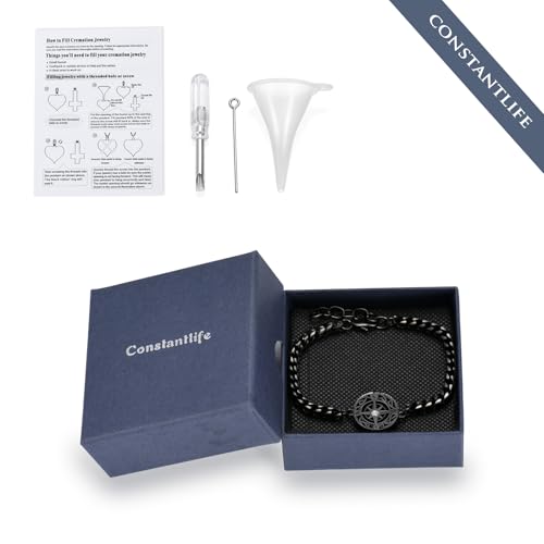 constantlife Compass Urn Bracelet for Ashes Stainless Steel Adjustable Link Bangle Cremation Keepsake Loved Ones Memorial Jewelry for Women Men Black