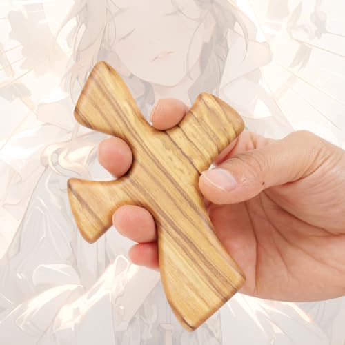 Yookin Olive Wood Prayer Cross for Hand, Hand Carved Clinging Cross, Wooden Palm Cross for Prayer,Christian Comfort Gift for Men Women, 4.72 Inch B