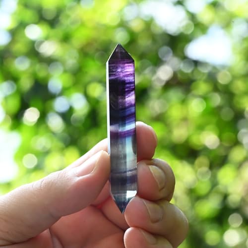 WHAL&YUNE Gemstone Wands 1PC, Rainbow Fluorite Hexagonal Wand Crystals and Healing Stones, Natural Hand Carved Pointed Stone Crystals Tower for Home Decor- 3"-3.5"(8-9cm)