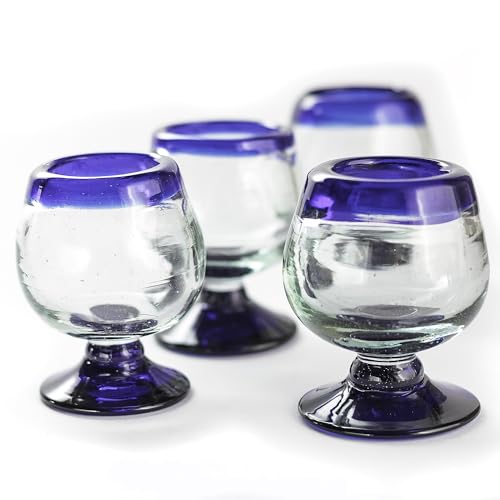 Authentic Mexican Tequila Hand Blown Shot Glasses - Set of 4-2 oz - Mini Glass Snifters - Heavy Base - Cognac (Cobalt Blue Rim) Cobalt Blue Rim