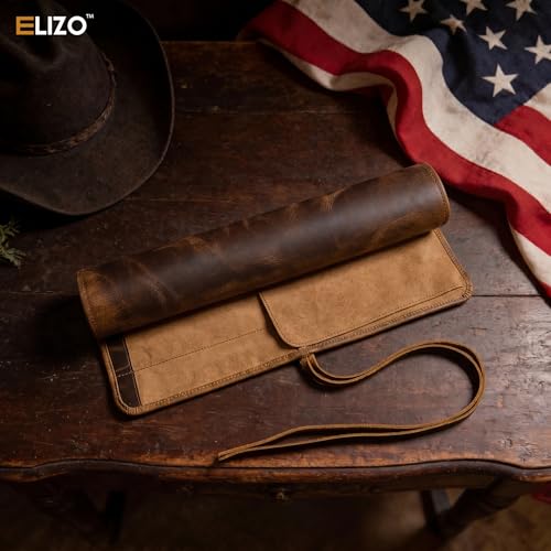 ELIZO Leather Knife Roll Bag Professional Chef Knife Case, Durable Knife Sheath Holder, Cooks & Culinary Tools Carrying Storage, Portable Knife Wrap - 4 Slots Antique 4 Knife Slots