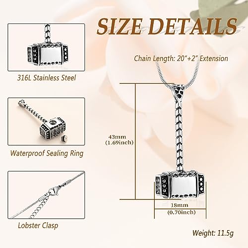 Minicremation Mjolnir Thors Hammer Urn Necklace for Ashes for Men Celtic Nordic Viking Cremation Jewelry for Women Keepsake Memorial Ashes Pendant Silver