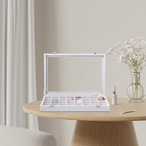 Frebeauty 48 Grid Earring Organizer,Velvet Jewelry Tray with Clear Lid White