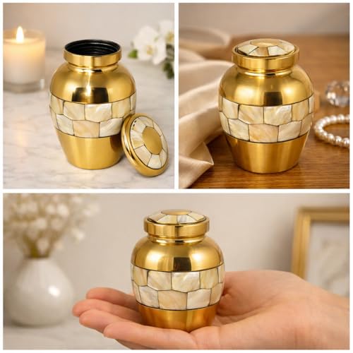 Small Keepsake Urn 2.7 Inches - Made of Pure Brass and Mother of Pearl - Golden Color