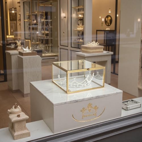 Feyarl Gold Glass Crowns Box Jewelry Trinket Ring Earring Keepsake Wedding Photo Cards Decorative Box Crystal Stones Display Holder Organizer for Birthday Dresser Tabletop（6.3 x 6.3 x 3.35inch