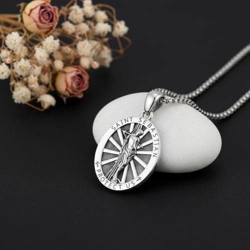 Silver/14K Gold Patron Saint Medal Amulet Necklace for Men Women 18A-St Sebastian-Silver Silver
