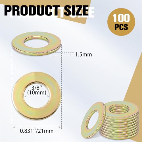 ElaraBerry 3/8 inch Grade 8 alloy steel flat washer with yellow zinc finish 100-piece set