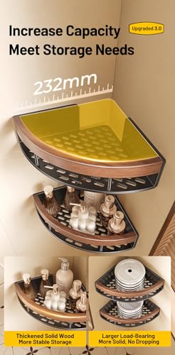 2-Pack Corner Shower Caddy with Walnut Wooden Shelf, Wall Mounted Bathroom Organizer, Matte Black Aluminum Alloy Storage Rack for Toilet, Dorm and Kitchen