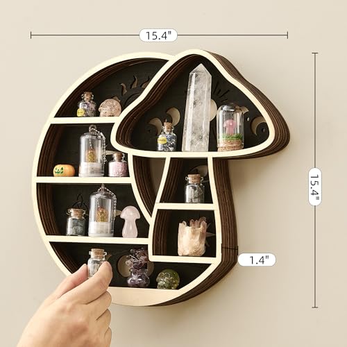 Crescent Moon Floating Shelf with LED Light, Whimsical Mushroom Wall Decor Mushroom & Moon With Led