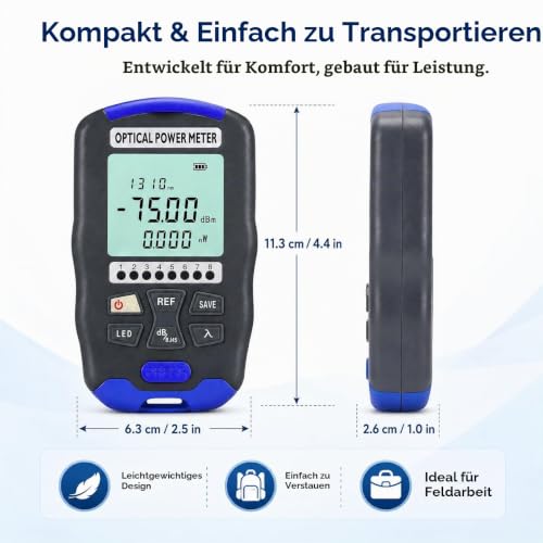 Optical Power Meter, 3-in-1 Fibre Optic Power Meter with RJ45 Tester, LED Light 850 ~ 1650 nm, -70 ~ +10 dBm, OPM FTTH Optical Power Meter Rechargeable Fibre Optic Tester with FC/SC/ST