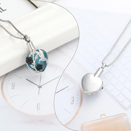 XSMZB Cremation Ashes Jewelry Hhummingbird Flower Urn Necklace for Ashes Human Pet Funeral Memorial Pendant Heart Moonstone Keepsake Silver-Black