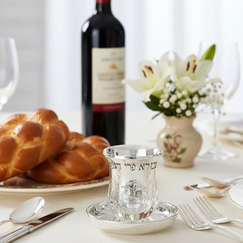 Glass Kiddush Cup 3.5 Inch with Stones Bore Pri Hagafen Silver color Including a Tray (Set 5) Set 5