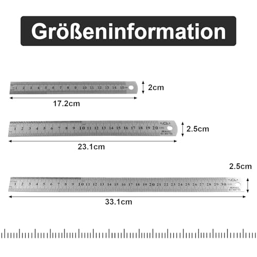 Set of 3 Stainless Steel Rulers, Metal Ruler Set 15/20/30 cm, Steel Ruler Double Sided Scale Edge Centimeter & Inch Steel Ruler Measuring Tool Precision Ruler for Engineering Teaching Office Office School silver