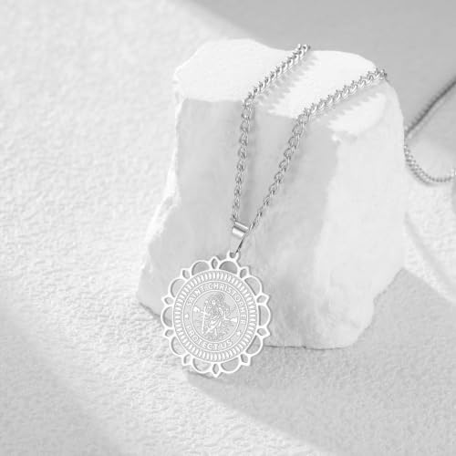 Amaxer Saint Christopher Medal Necklace for Women Saints Medal Saint Christopher Protect Us Religious Travel Protection Jewellery Necklace for Women Men Silver