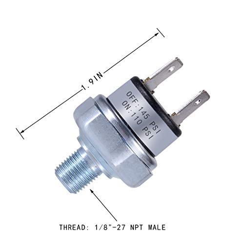 FanWayer automatic air pressure switch, 110-145 PSI, 1/8"-27 NPT, DC 24V/12V, silver