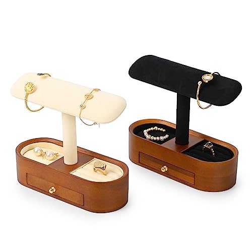 Oirlv Solid Wood Watch Stand with Drawer T-bar Watch Holder Organizer for Men and Women Showcase Bracelet Bangle Jewelry Display Stand Rings Earrings Necklace Storage(Drawer,Black) Black Option 2 - With Drawer