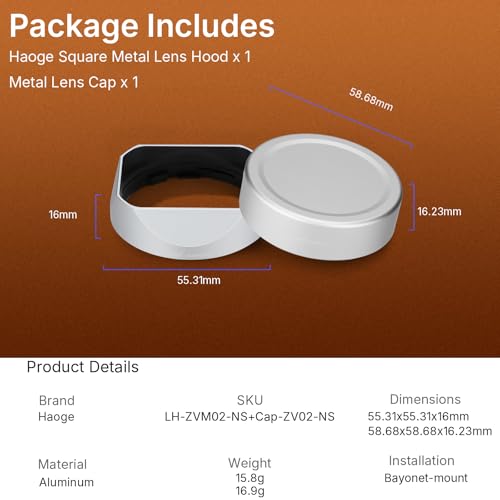 Hagoe Metal Square Lens Hood with Cap for Voigtlander Nokton 28mm F1.5 35mm F1.4 40mm F1.4 VM for Zeiss 2/50 Biogon T* 2/35 ZM Lenses, 43mm UV Compatible,Replaces Bayonet LH-6,Silver Silver