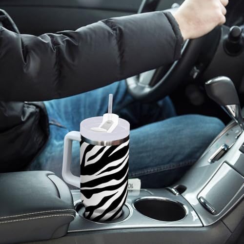 40 oz Tumbler with Straw & Handle - 2 in 1 Lids Leak Proof Tumblers - Large Insulated Stainless Steel Cup - BPA-Free Water Bottle Travel Metal Mug for Women Man, Black and White Zebra Skin Print 40 Ounces