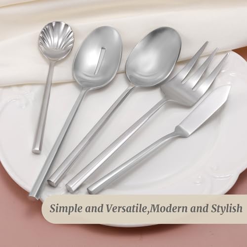 DEACORY 5-piece stainless steel matte silverware set with thick, heavy hexagon-shaped cutlery and serving utensils.