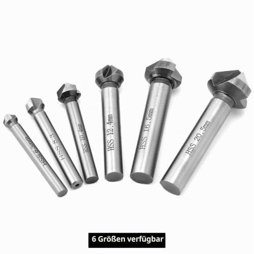 QWORK Countersink 90° 6.3-20.5 mm HSS Steel Countersink Drill Bit for Wood, Metal, Plastic, Pack of 6