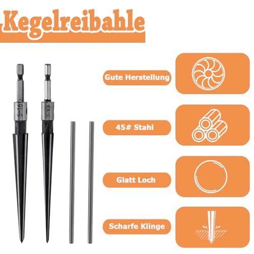 Treki Pack of 2 Handy Tapered Reamer with T-Handles Steel Taper Reamer for Drilling Hole 3-13 mm and 5-16 mm, Cone Hand Reamer with Hex Shank for Guitar Woodworker Drilling Tool